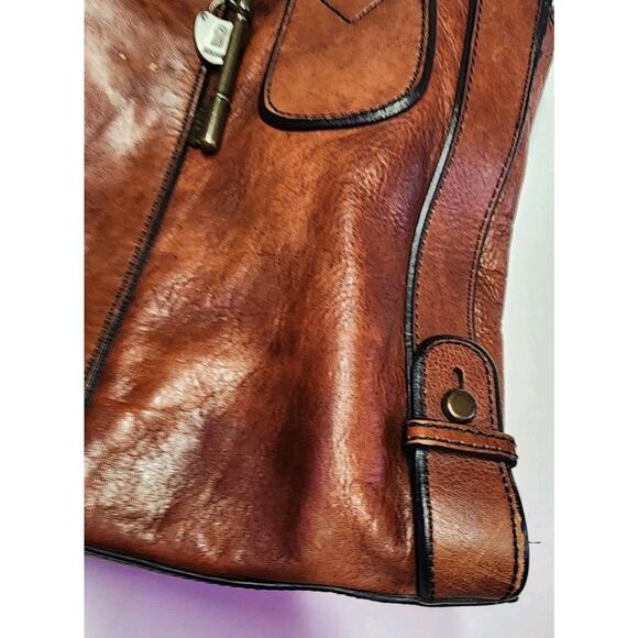 Vintage Fossil Reissue Large Satchel Handbag Camel Brown Leather With Key Charms - Picture 3 of 16